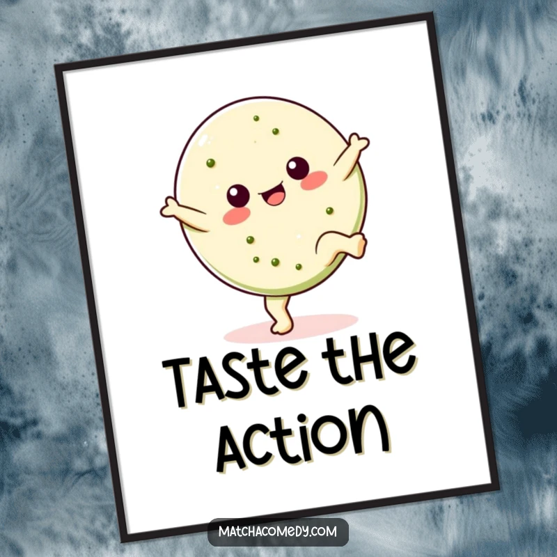 Funny Kawaii matcha cookie poster captured mid-cartwheel, celebrating energetic dessert fun, a humorous piece of art for gifting.