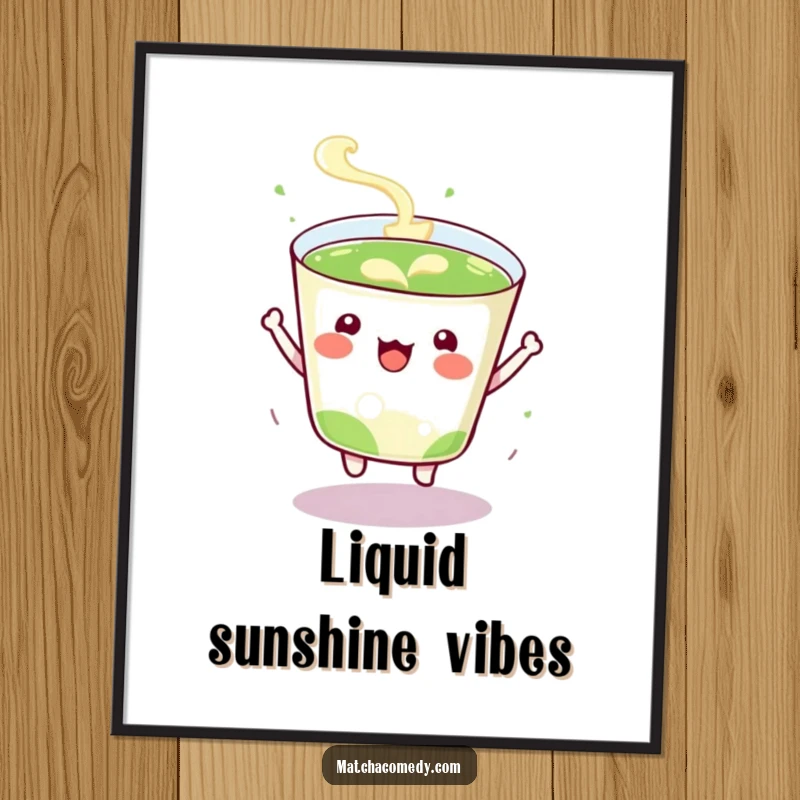 Funny Poster of a kawaii matcha tea cup bouncing with extreme excitement, perfect for adding dynamic energy to decor.
