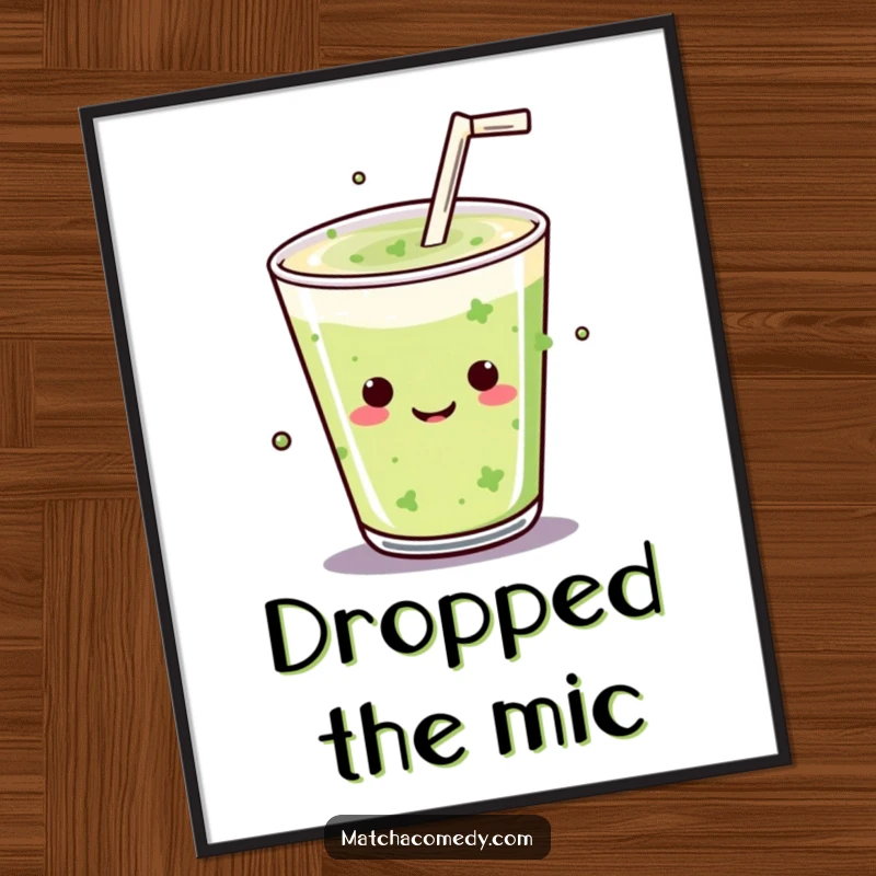 Funny Kawaii matcha drink performing a mic drop, creating a dynamic and humorous focal point for wall art.