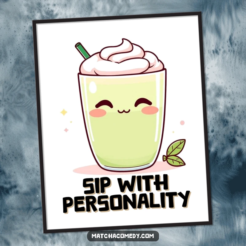 Funny Kawaii matcha latte poster with a cheeky smirk, creating a humorous and vibrant piece of wall art as a great gift.