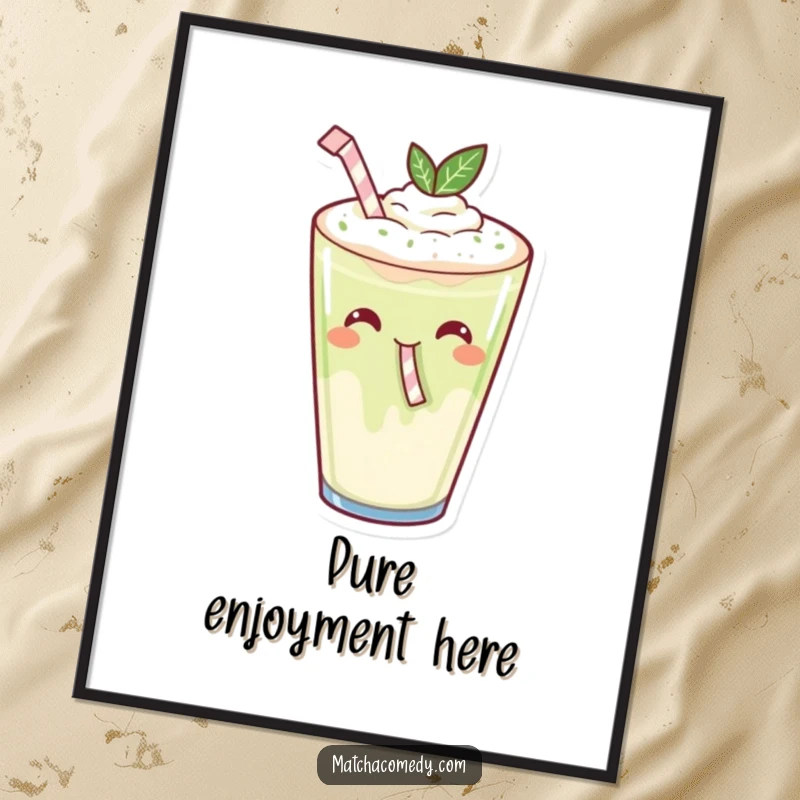 Funny Kawaii Matcha Latte Sipping Poster: A happy matcha latte with a tiny straw, sipping with pure glee.