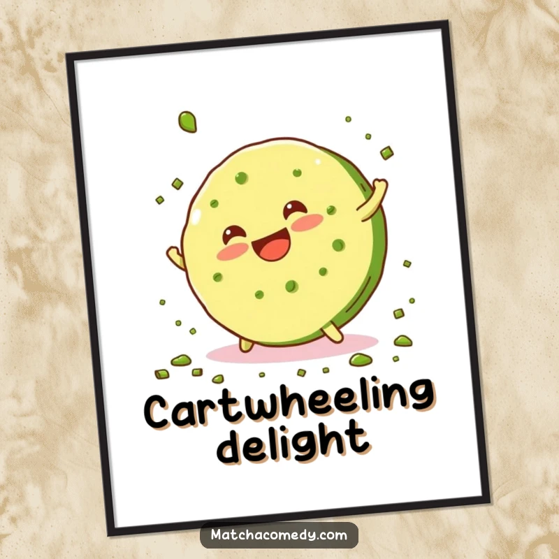 Funny, smiling matcha cookie performing a cartwheel and scattering green crumbs, captured in this cheerful wall art poster.