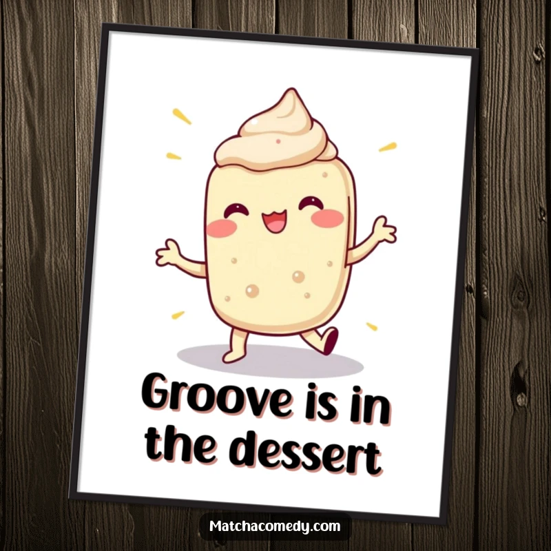 Funny poster showcasing a matcha dessert performing an outrageously funny and energetic dance, bringing vibrant humor to walls.