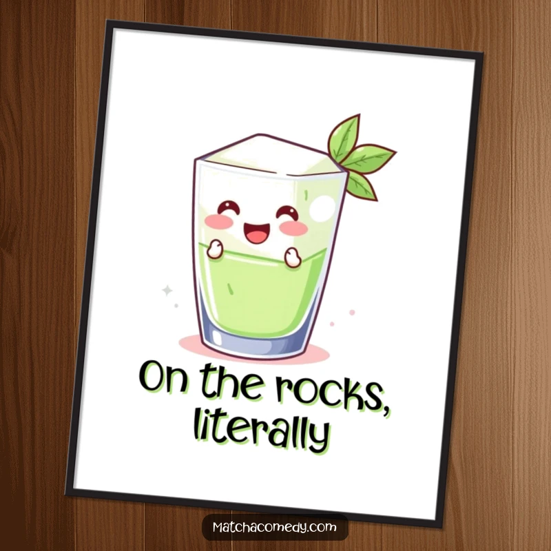 Funny smiling matcha ice cube jumping out of a glass, captured as a vibrant poster. A cool and refreshing piece of art.