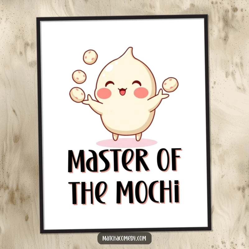 Funny poster art of a matcha confection performing a skillful juggling act with numerous small mochi balls, radiating joy.