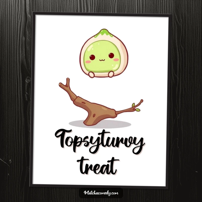 Funny matcha mochi balancing on a twig art print, about to fall, a whimsical and humorous piece for any room.