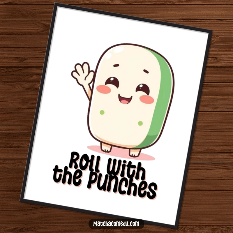 Funny matcha roll character waving hello with a joyful expression, high-quality poster print, perfect for cheerful decor.