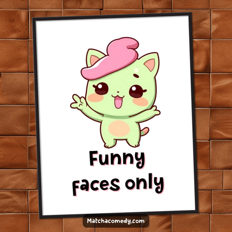 Funny matcha sweet poster showing a character striking a funny pose with tongue playfully sticking out, perfect for quirky decor, a charming funny gift.