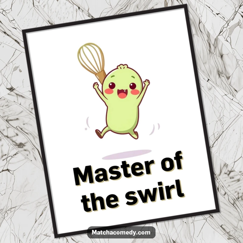 Funny poster of a small, anthropomorphic matcha whisk performing an entertaining and agile acrobatic move with impressive style.