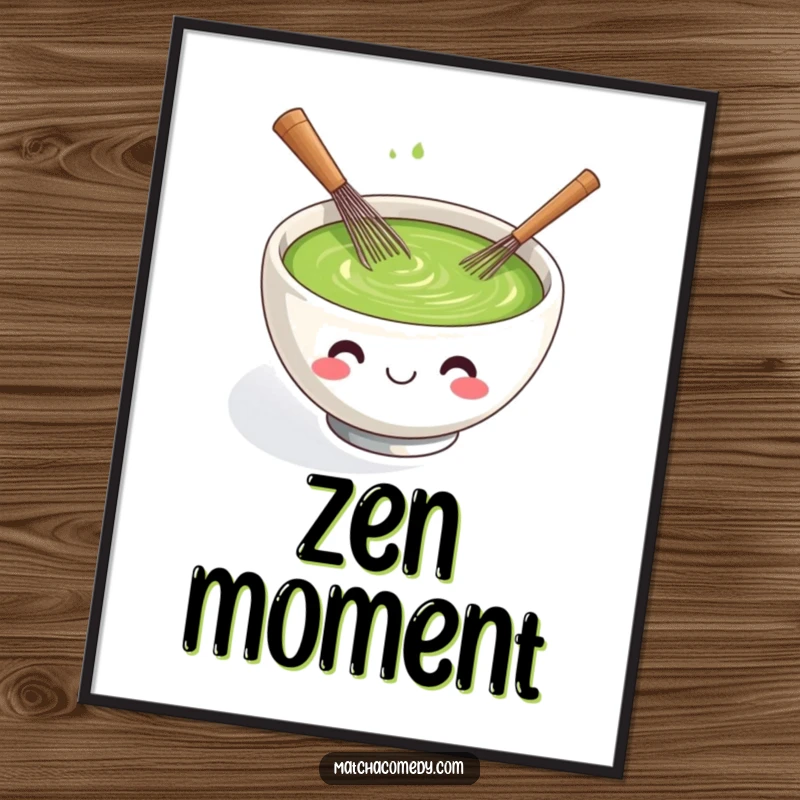 Funny kawaii matcha tea bowl poster, smiling and actively whisking itself with a tiny whisk.