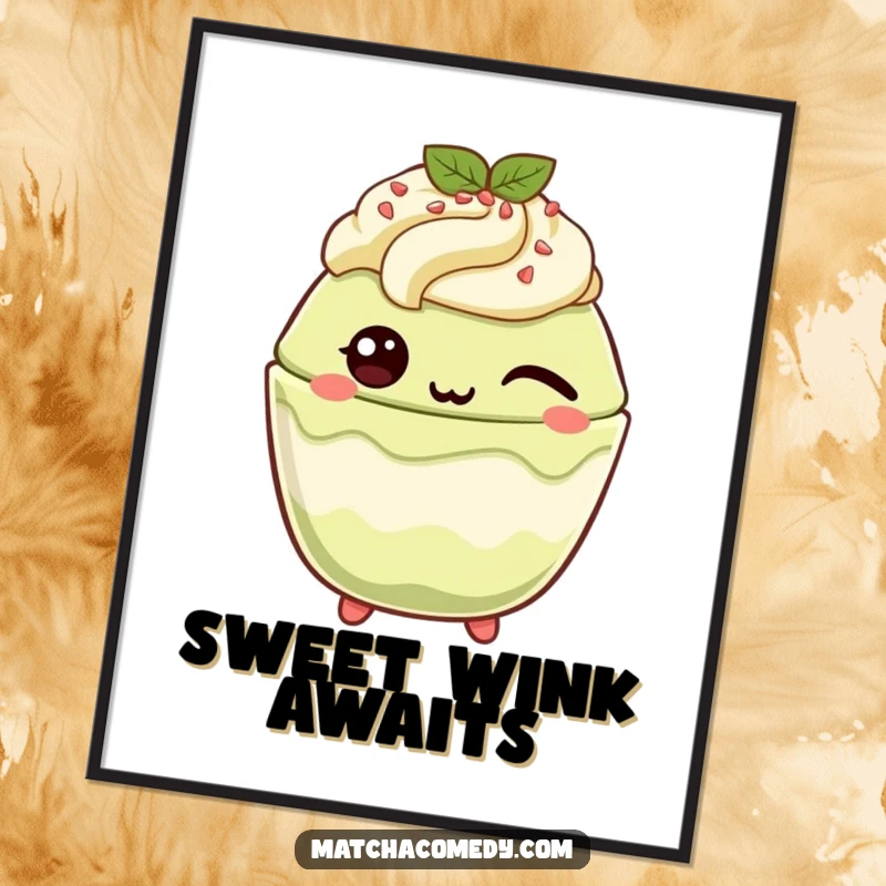 Funny Matcha Parfait Poster: An animated kawaii matcha parfait winks playfully, radiating sweet mischief and delight.
