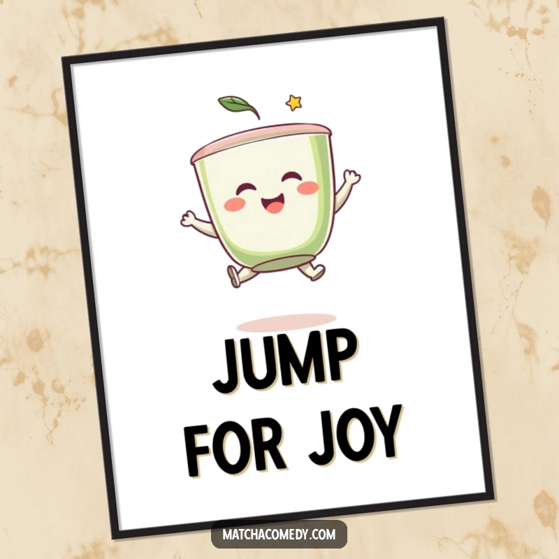 Funny matcha tea cup character in a lively leap, captured as a vibrant, humorous poster to energize any wall space.
