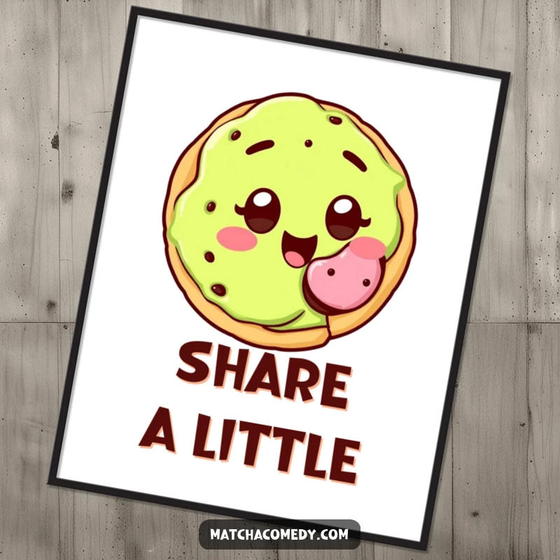 Funny kawaii matcha cookie with wide, joyful eyes, happily offering a bite, poster art.