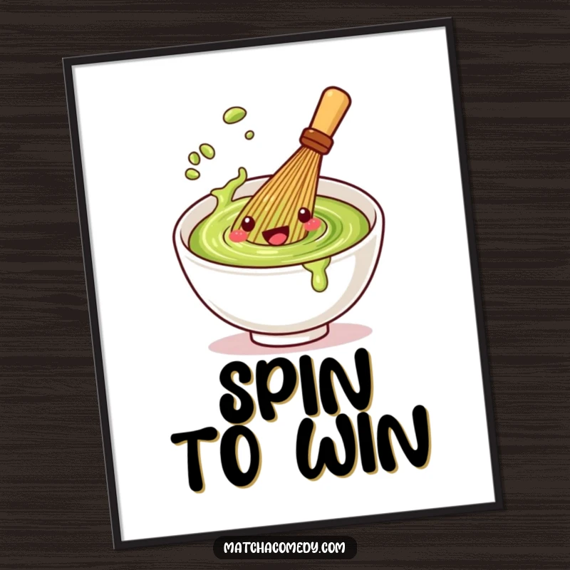 Funny Kawaii matcha whisk poster with a character in a playful spin, adding a touch of artistic energy to any space.