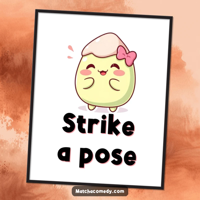 Funny Kawaii matcha mochi striking a funny pose in a vibrant and amusing poster.
