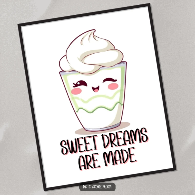 Funny Poster of a kawaii matcha parfait winking playfully, perfect for adding a sweet, whimsical touch to decor.