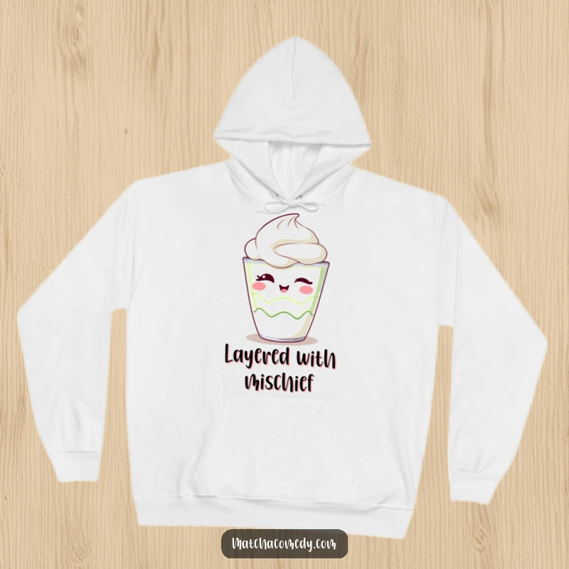 Funny Hoodie showcasing a kawaii matcha parfait winking playfully, designed for warmth and spreading sweet cheer.