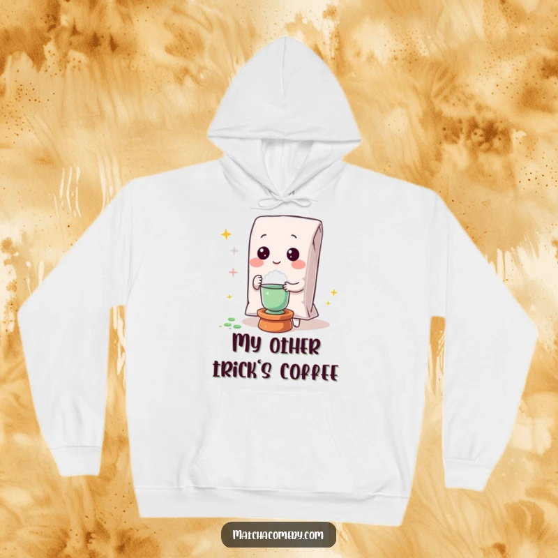 Funny Kawaii matcha powder bag performing a magical feat on this soft and warm hoodie.