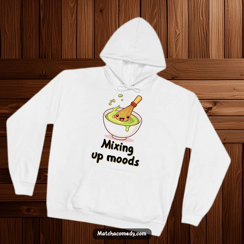 Funny Kawaii matcha whisk hoodie featuring a cute character spinning, offering warmth and a touch of playful matcha preparation.