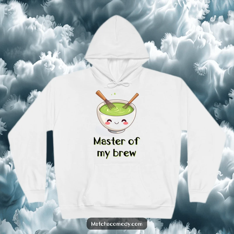 Funny kawaii matcha tea bowl hoodie, smiling and self-whisking with a tiny whisk.