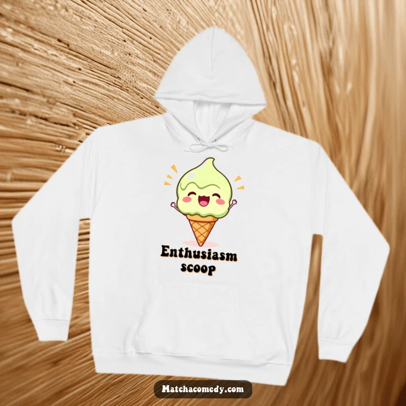Funny Kawaii Matcha Ice Cream Hoodie: A soft hoodie featuring a cute matcha ice cream cone cheering with excitement.