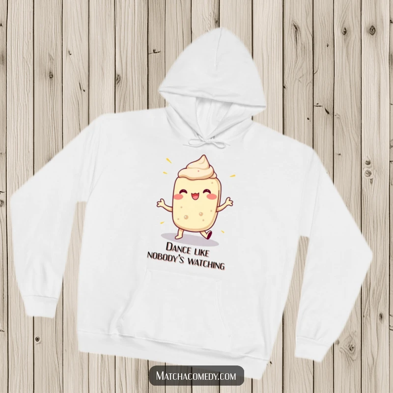Funny hoodie depicting a matcha dessert energetically dancing with exaggerated moves, perfect for cozy, humorous wear.