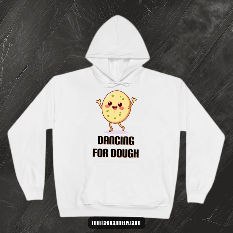 Funny matcha cookie with legs doing a silly dance, featured on a soft, warm hoodie. A delightful and humorous garment.