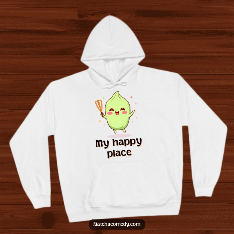 Funny Matcha Whisk Hoodie: An animated kawaii matcha whisk dances with pure joy, perfect for any tea ceremony.