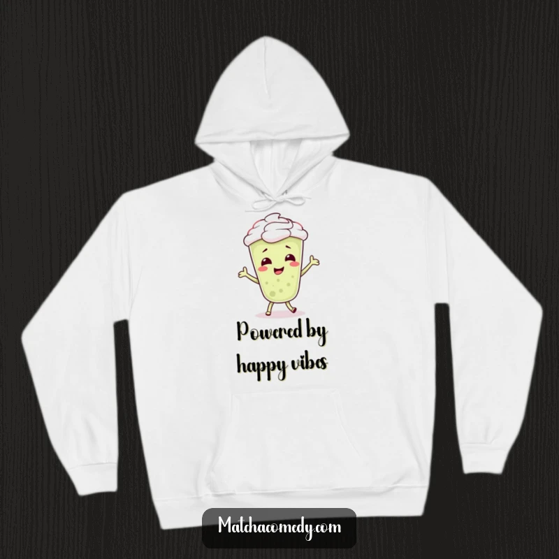 Funny Matcha Latte Hoodie featuring a giggling character caught mid-silly dance, surrounded by cheerful bubbly patterns, ideal for cozy fun.