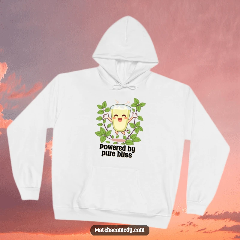 Funny Matcha Latte Hoodie featuring an excited character joyfully jumping, surrounded by fresh green leaves, offering warmth and lively spirit.