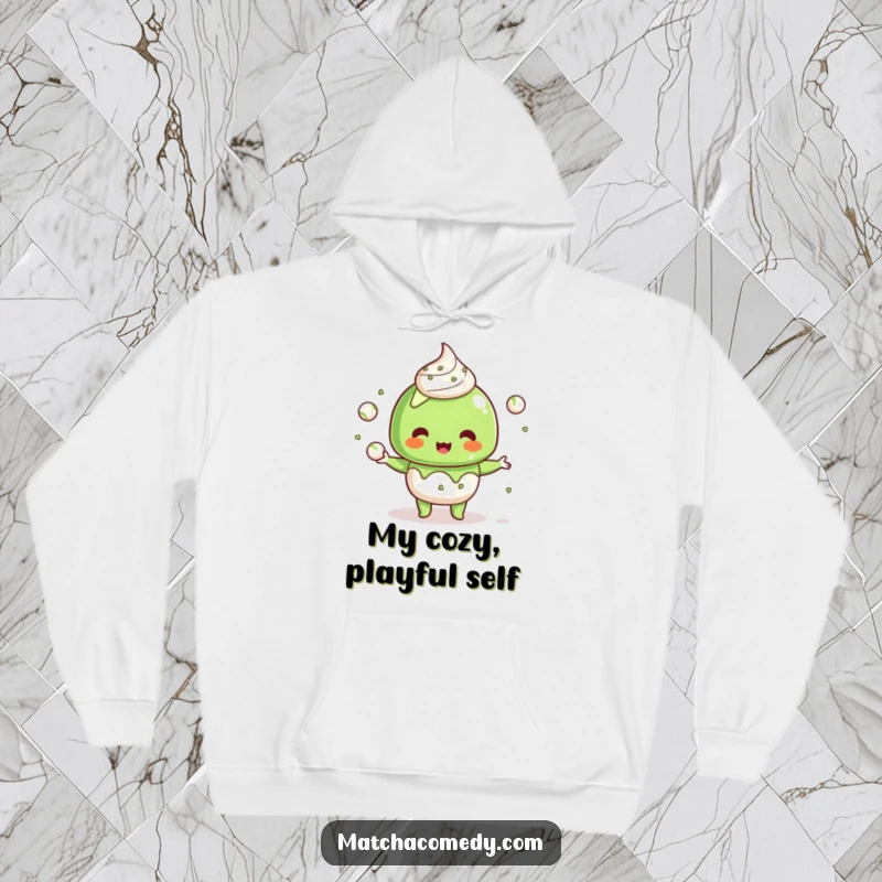 Funny Kawaii Matcha Dessert Hoodie: Soft and warm, featuring a cute dessert character humorously juggling tiny matcha balls.