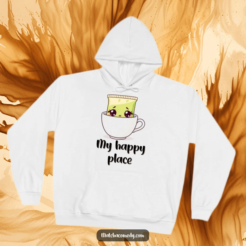 Funny surprised matcha tea bag graphic on a cozy hoodie, peeking from a cup with wide, shocked eyes, great gift.