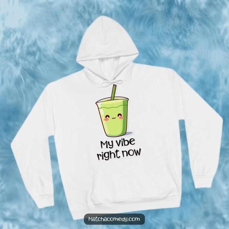 Funny Kawaii matcha beverage character with a humorous straw, soft interior, ideal for lounging or adventures.
