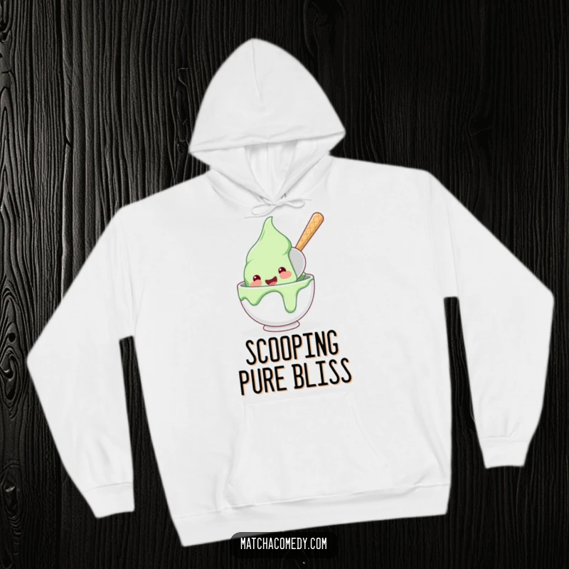 Funny, happy matcha ice cream scoop diving into a bowl, featured on this warm and humorous hoodie.