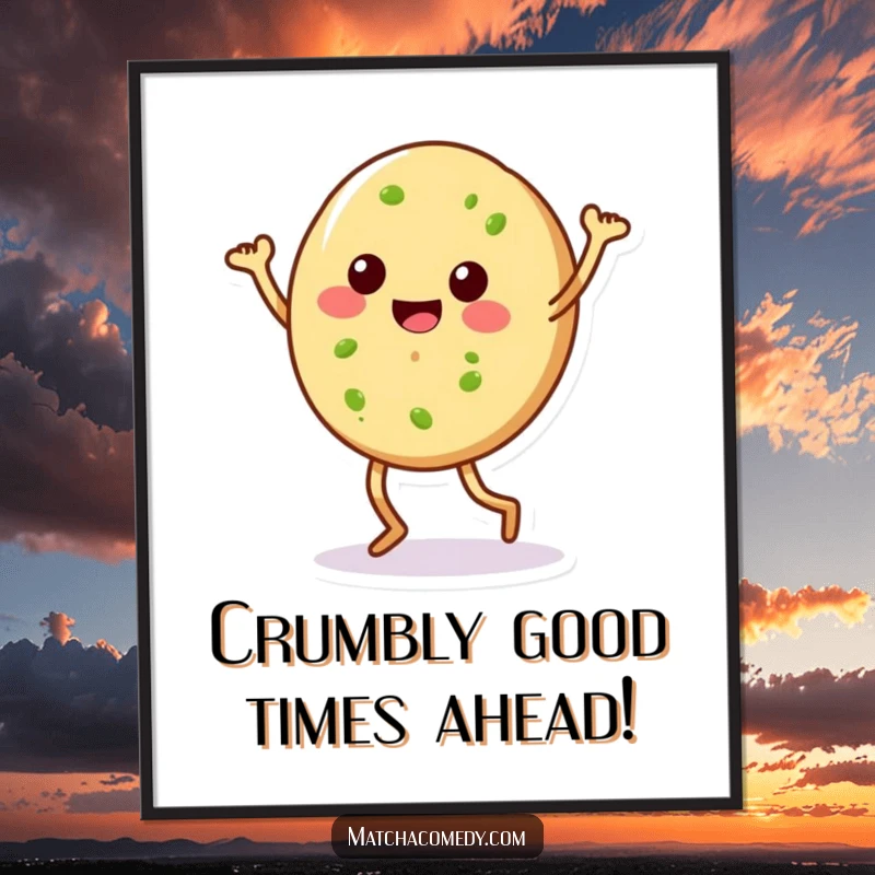 Funny free printable wall art: A matcha cookie with legs dancing ecstatically, full of cookie joy.