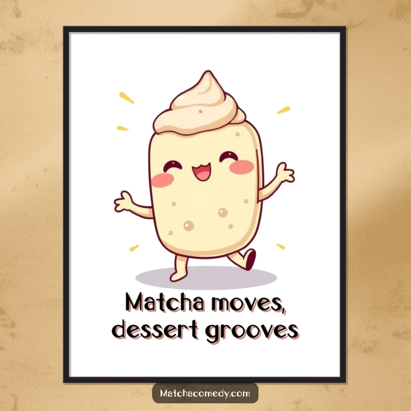 Funny free printable wall art of a matcha dessert performing an extremely energetic and comical dance, full of wacky moves.