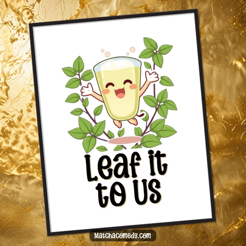 Funny free printable wall art of a matcha latte character joyfully jumping surrounded by dynamic, swirling green leaves.