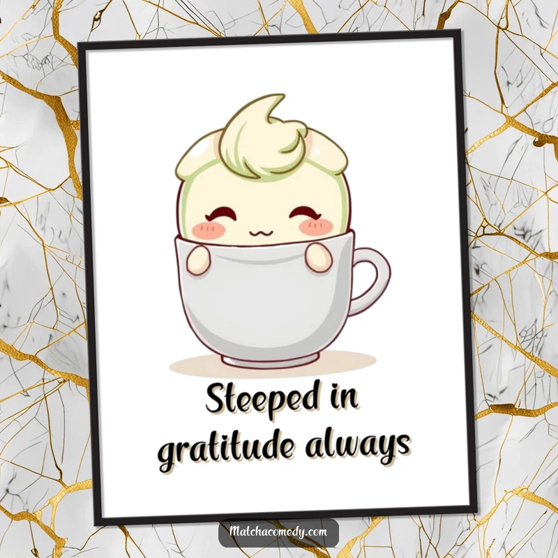 Funny free printable wall art of a blushing matcha latte character coyly hiding behind a teabag with a shy, sweet smile.