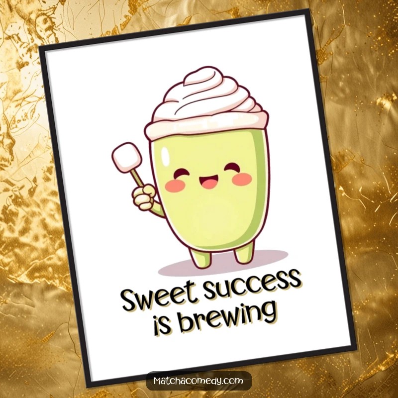 Funny free printable wall art of a matcha latte character pointing with excitement at a magical floating sugar cube.