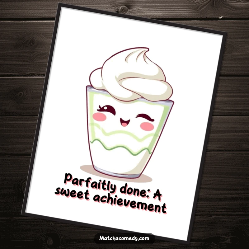 Funny Free Printable wall art of a kawaii matcha parfait giving a delightful, playful wink, full of sweet personality.