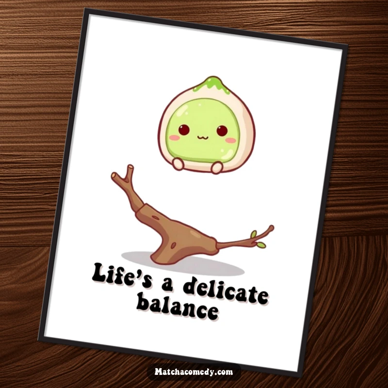 Funny Free Printable Wall Art: A matcha mochi humorously balancing on a thin twig, looking ready to tumble.
