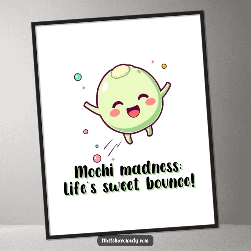 Funny Free Printable Wall Art: Kawaii matcha mochi character bouncing excitedly with happy particles.