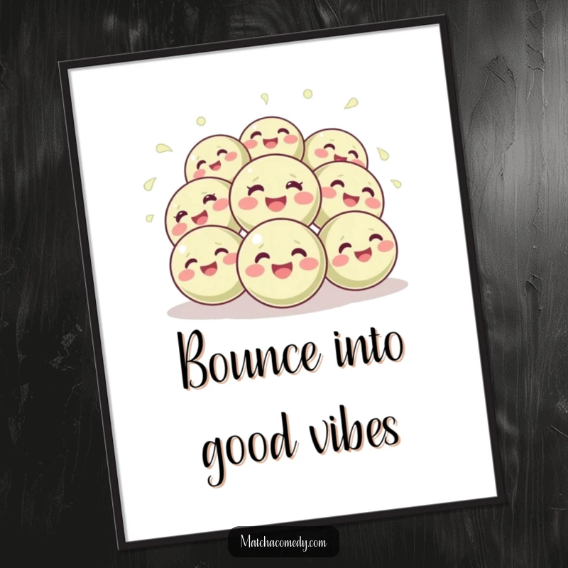 Funny Free Printable Wall Art: A group of adorable, giggling matcha balls bouncing energetically, creating a lively and cheerful atmosphere.