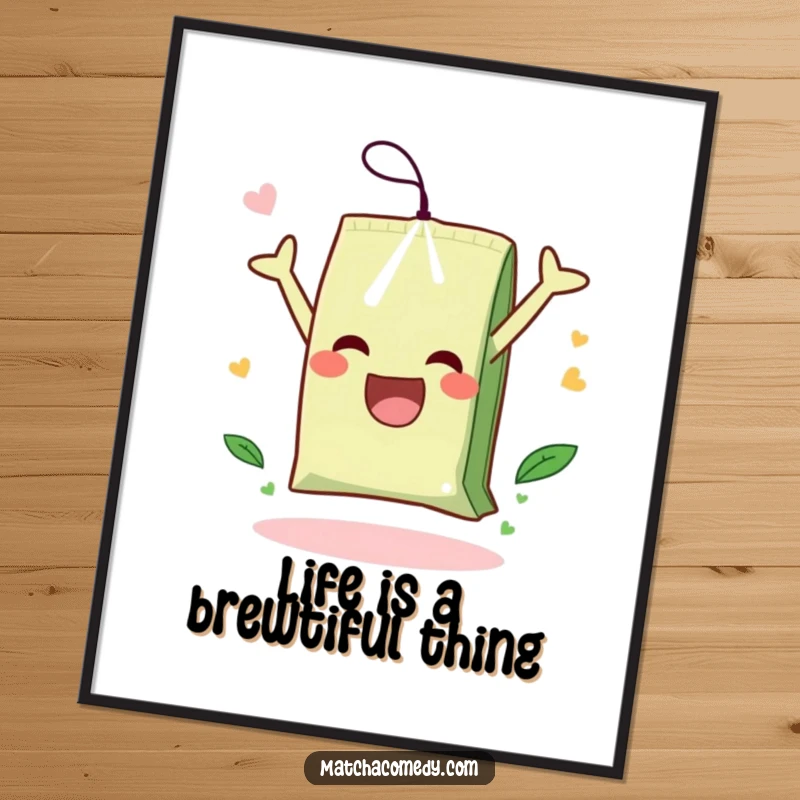 Funny Free Printable Wall Art: A lively matcha tea bag captured mid-somersault, exuding pure joy and dynamic movement.