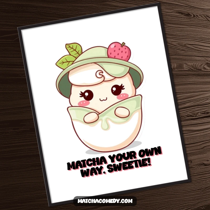 Funny Free Printable Wall Art: Small matcha parfait character with a cheeky grin peeking from layers.