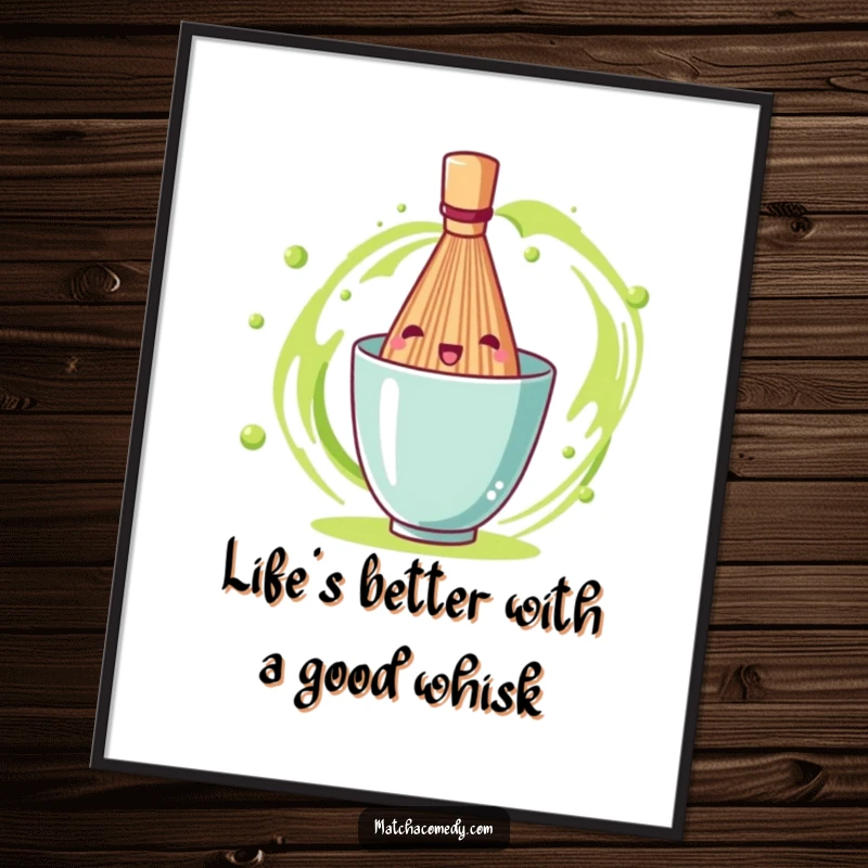 Funny Free Printable Wall Art: A matcha tea whisk captured mid-spin with joyful, energetic lines.