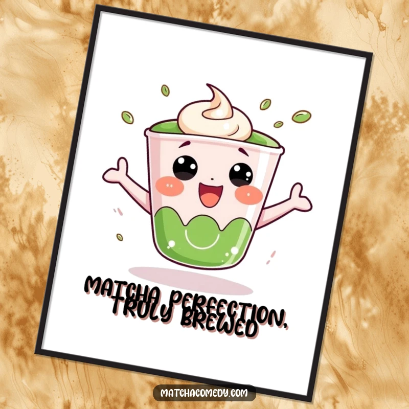 Funny Free Printable wall art of a kawaii matcha cup captured mid-bounce, radiating pure excitement and cheerful energy.