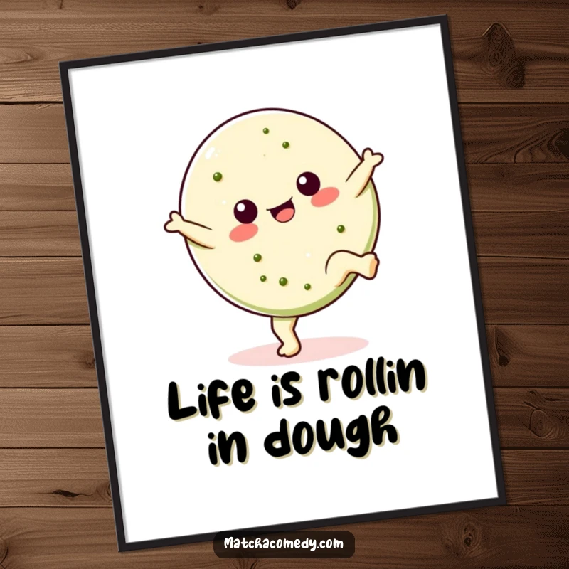 Funny Free Printable Wall Art: A Kawaii matcha cookie performing a cheerful cartwheel, adding dynamic fun to decor.