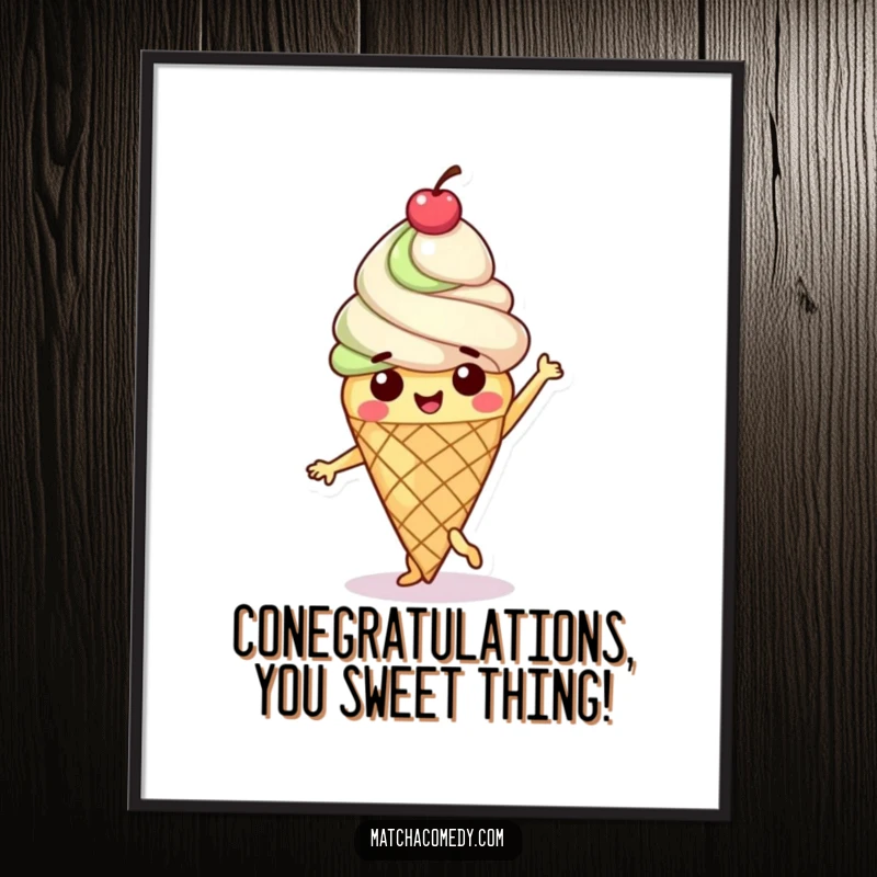 Funny Free Printable Wall Art: A happy matcha ice cream cone character with a cherry on top, dancing joyfully, adding sweet humor.