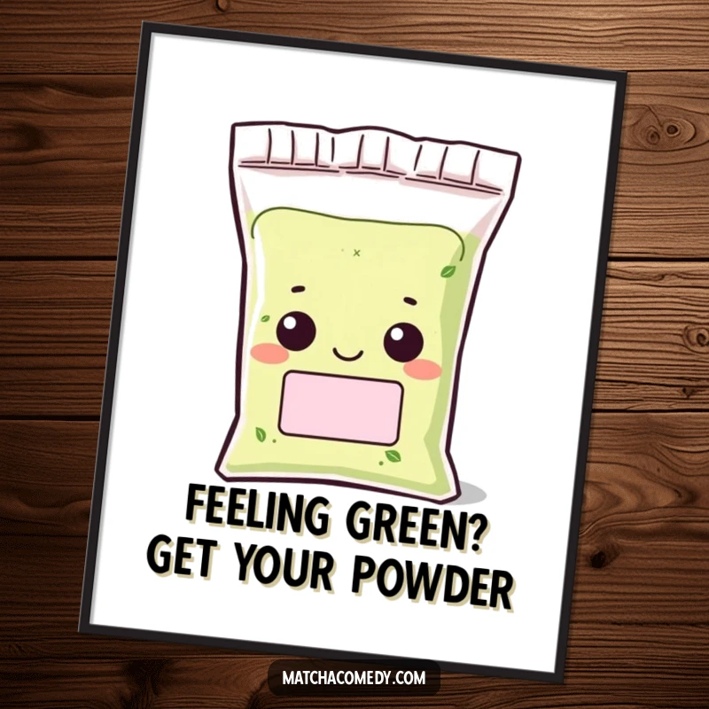 Funny Free Printable Wall Art: Kawaii matcha powder bag character peeking out with a grin, adding a touch of cute mischief to your walls.